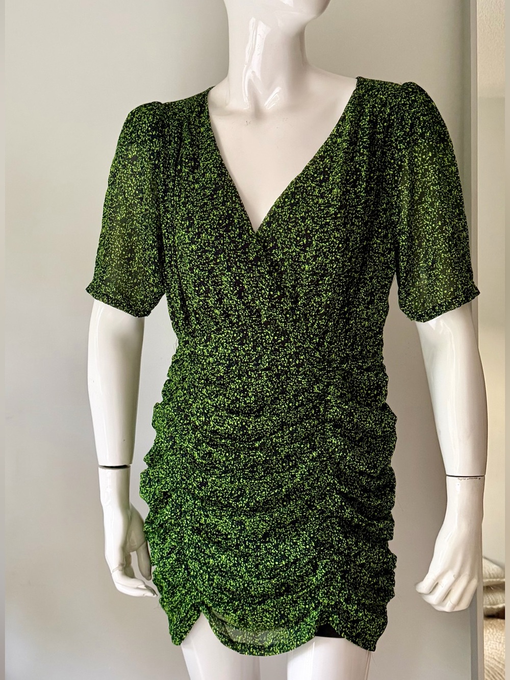 Sandro Black & Neon Green Ruched Mini Dress